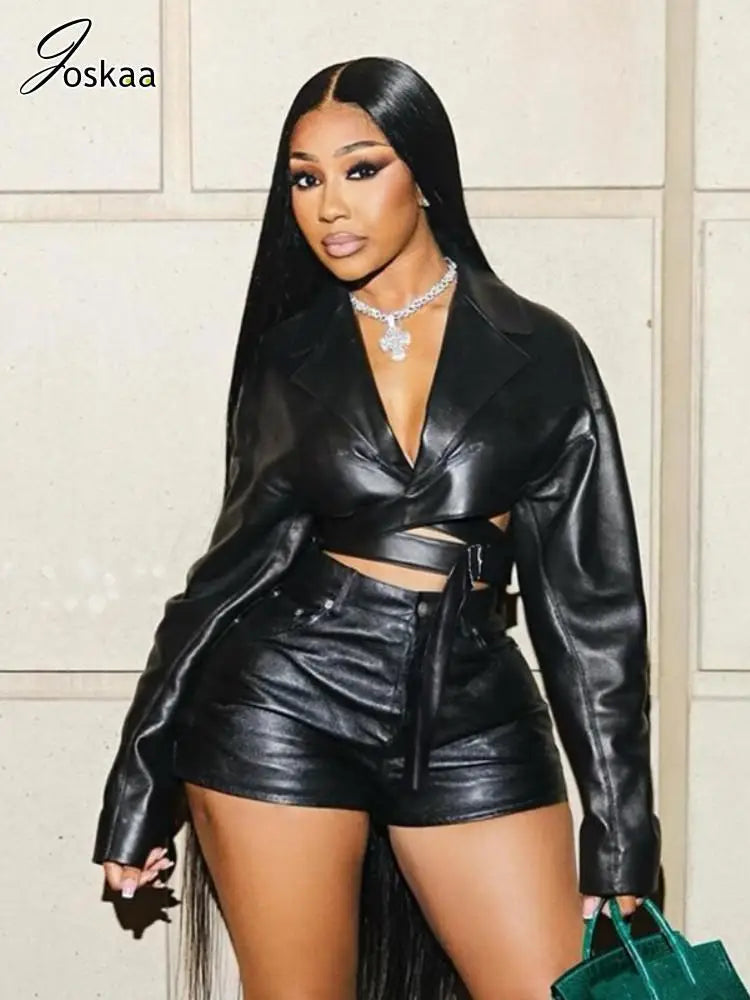 Joskaa PU Leather Black 2 Piece Set Women Hipster Sexy V-Neck Long Sleeve Crop Top and Shorts Matching Party Clubwear Streetwear