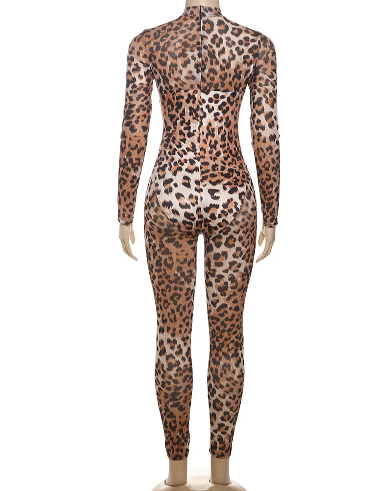 Sisterlinda Popular Leopard Jumpsuits Sexy Mesh Thin Full Sleeve Round Neck Skinny Overalls Female Classic Attractive One Piece