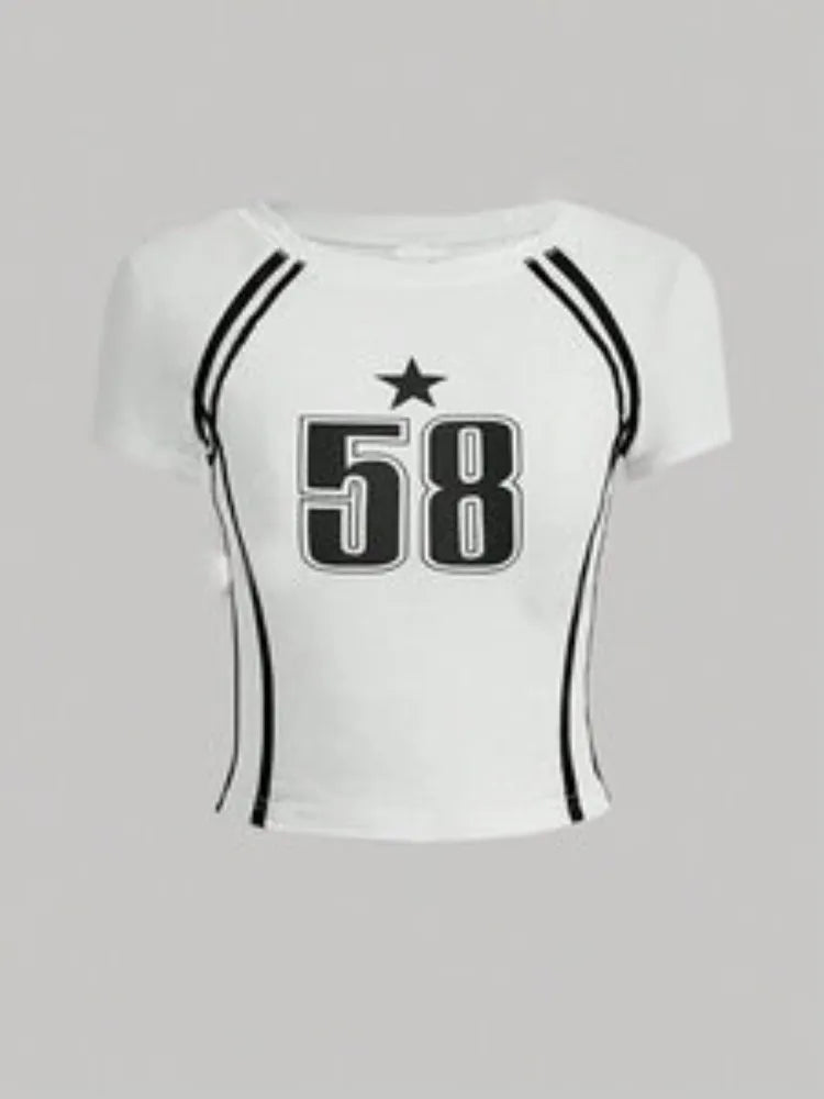Joskaa 2025 Summer Digital Printed Y2K T-Shirts Women Hipster O-Neck Short Sleeve Slim Crop Tops Graphic Tees Holiday Streetwear