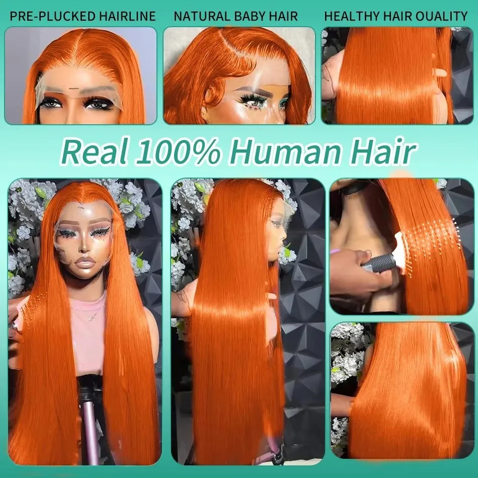 250 Density Orange Ginger 13x6 HD Lace Frontal Wig Human Hair Ginger Bone Straight 13x4 Transparent Lace Frontal Colored Wigs