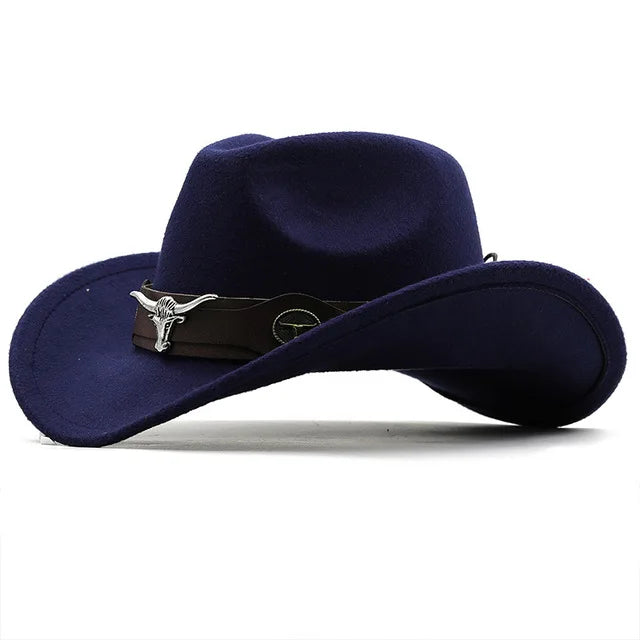 Western Cowboy Hat Roll Brim Cowgirl Cap Cowboy Jazz Fedora Hats Felt Cap with Cow Band for Women Men Children