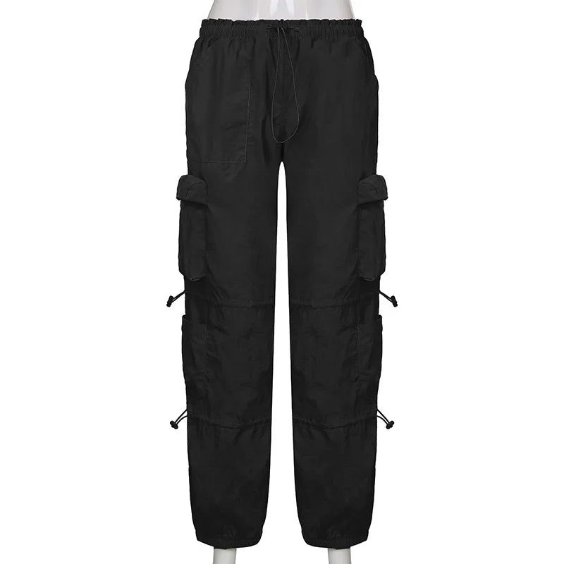 American street style design with multiple pockets, workwear with drawstring elastic and loose fit, hip-hop low waist sports pan