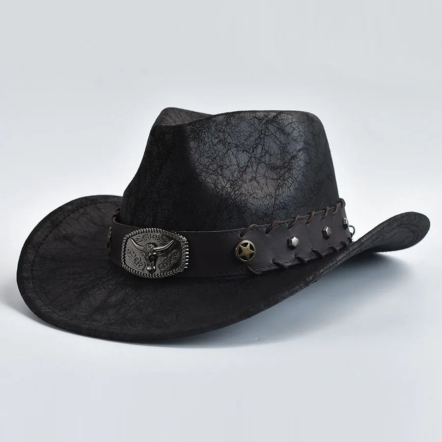 Western Cowboy Hat for Men Women Faux Leather Vintage Gentleman Cowgirl Costume Jazz Hats Sombrero Hombre