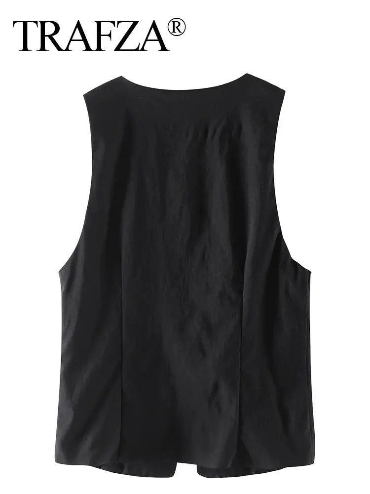 TRAFZA Women Fashion Lace Up Vest V Neck Sleeveless Top Y2k Vintage Solid 2024 Female Summer Sexy Party Tank Tops