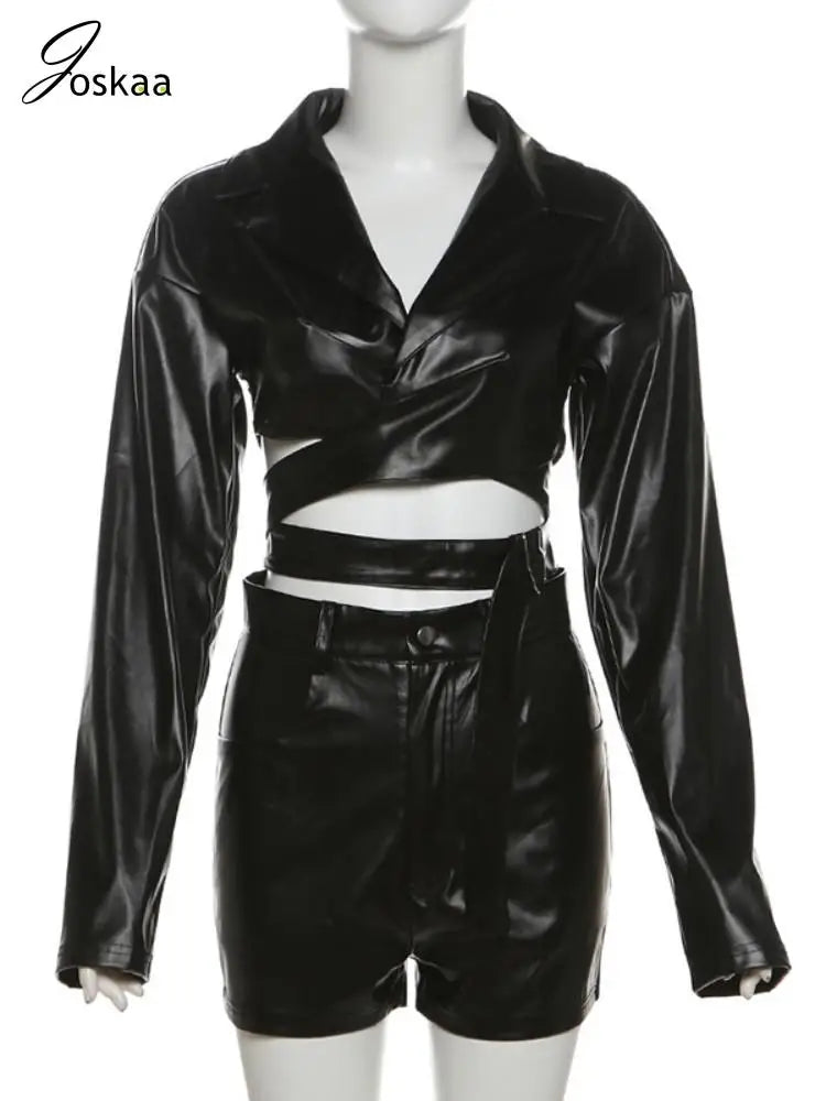 Joskaa PU Leather Black 2 Piece Set Women Hipster Sexy V-Neck Long Sleeve Crop Top and Shorts Matching Party Clubwear Streetwear