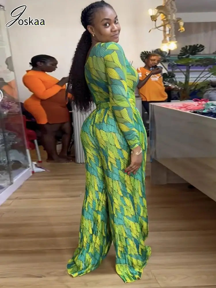 Joskaa 2025 Women's Print 2 Piece Set Sexy Skew Collar Long Sleeve Tops and Pleated Wide Leg Pants Matching Vacation Outfits