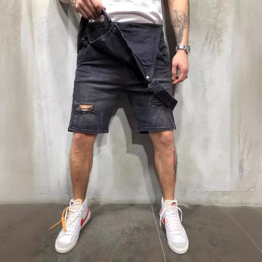 Men Ripped Jeans Jumpsuits Streetwear Distressed Stretch Denim Overalls for Man Jeans Suspender Knee Length Pants Male Rompers