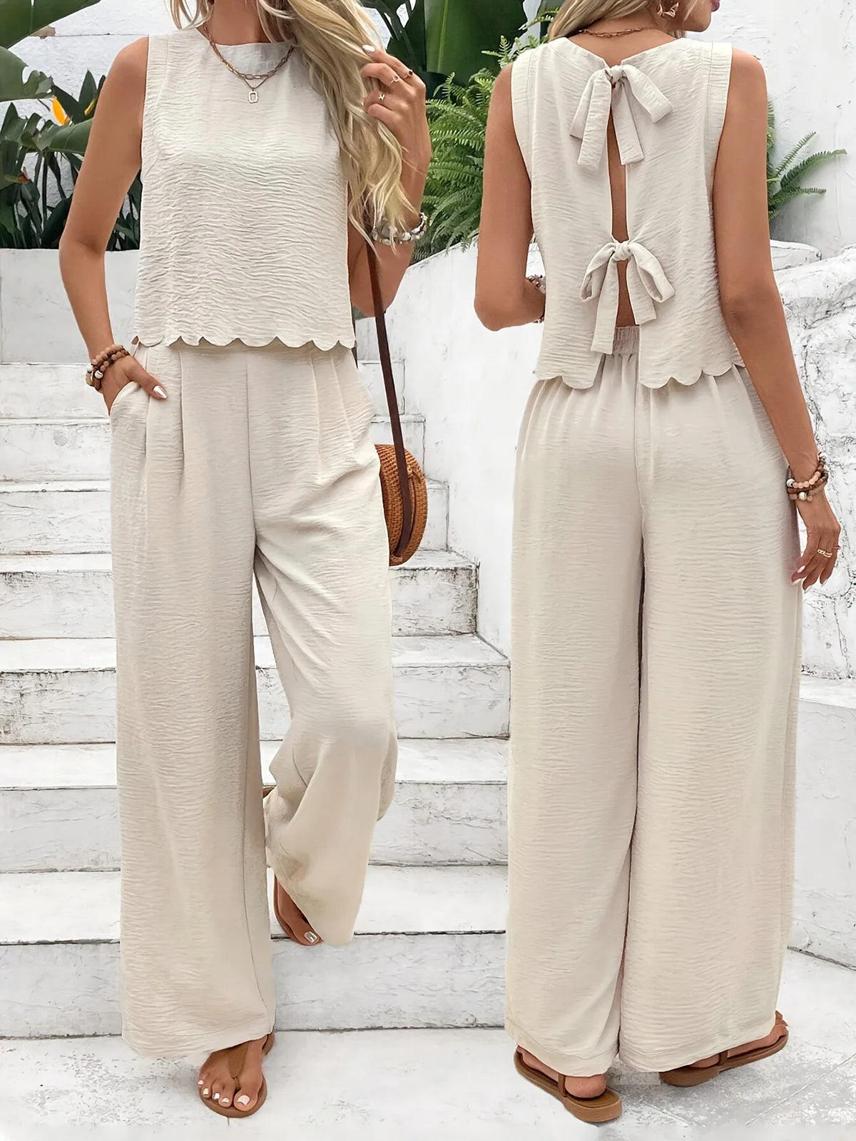 Summer Women 2 Pieces Outfits Contrast Lace UP Hollow V-Neck Tank Top Blouses & High Waist Wide Leg Pants Set For Women