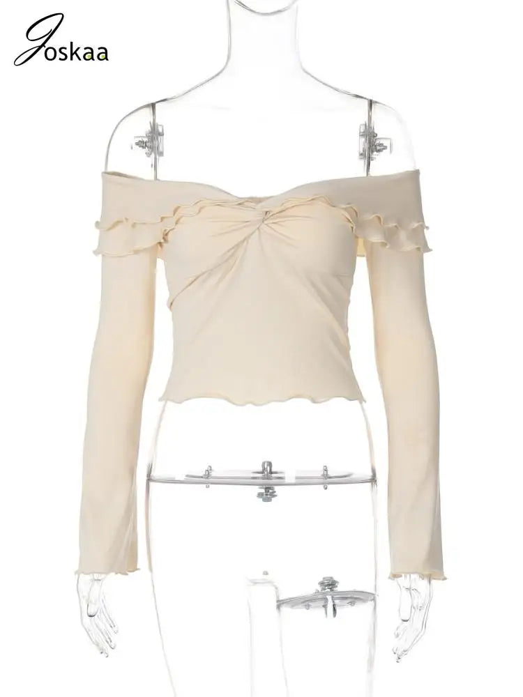 Joskaa Elegant Women 2 Piece Sets Sexy Off Shoulder Long Sleeve Crop Tops and Ruched Mini Skirt Match Party Clubwear Streetwear