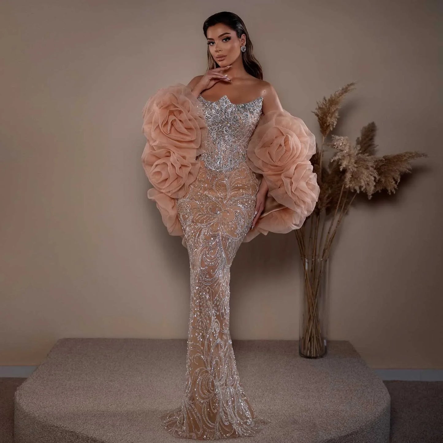 Luxury Peach Jacket Female Organza Coats Handmade Women Layered Tops Floral Jacket with Sleeves Ruffled
