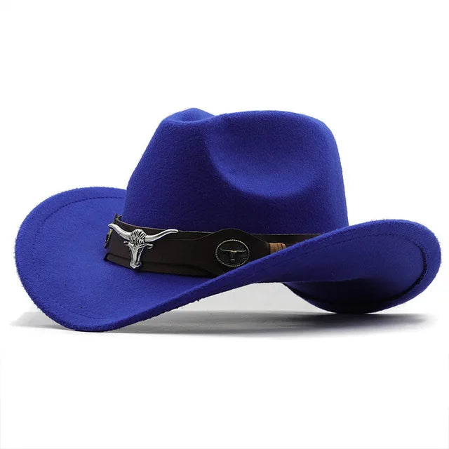 Western Cowboy Hat Roll Brim Cowgirl Cap Cowboy Jazz Fedora Hats Felt Cap with Cow Band for Women Men Children
