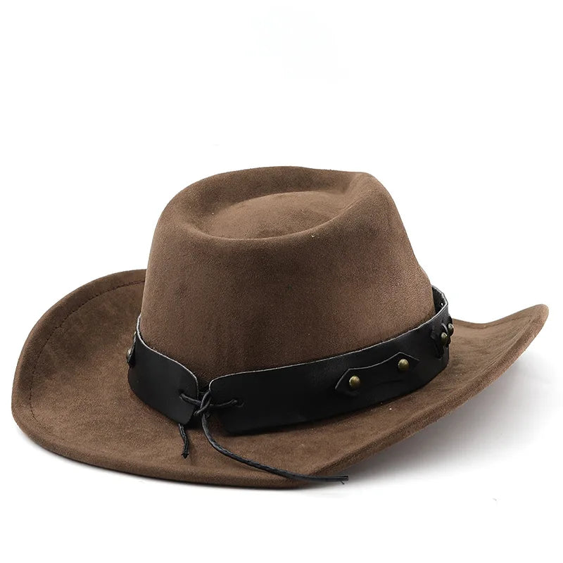 Western Cowboy Roll up Edge Large Edge Cowboy Hat Bull Head Accessories Imitation Leather Velvet Jazz Hat Riding Felt Hat