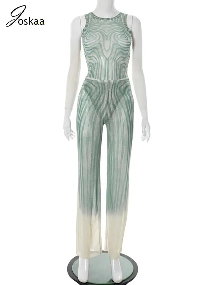 Joskaa 2025 Summer Women's Geometric Print 2 Piece Set Sexy Mesh O-Neck Bodysuits and Flared Pants Matching Holiday Streetwear