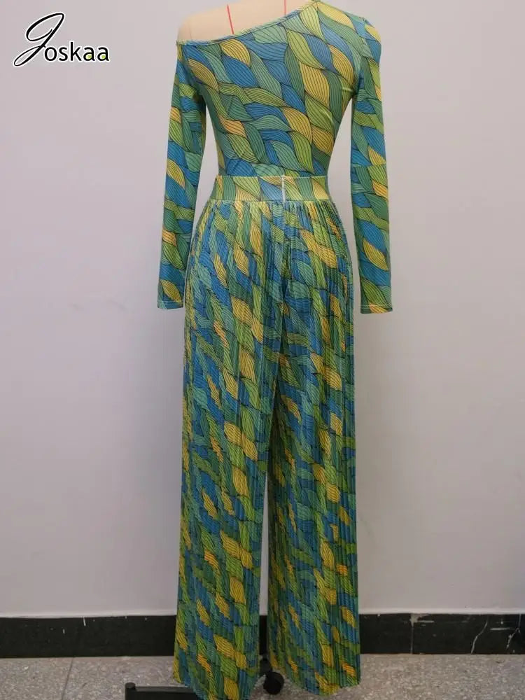 Joskaa 2025 Women's Print 2 Piece Set Sexy Skew Collar Long Sleeve Tops and Pleated Wide Leg Pants Matching Vacation Outfits