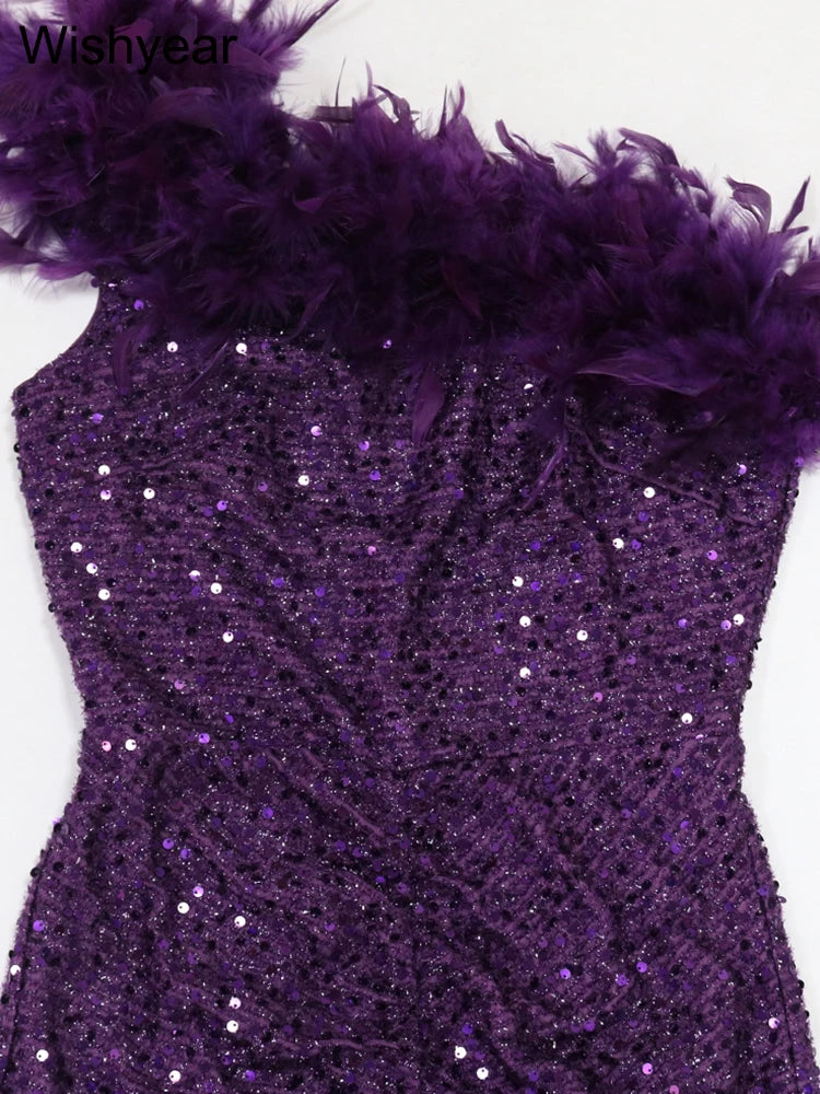 New Luxury Sequined Feather One Shoulder Sleeveless Slanted Collar Backless Purple Long Dress Women Birthday Party Event Gowns