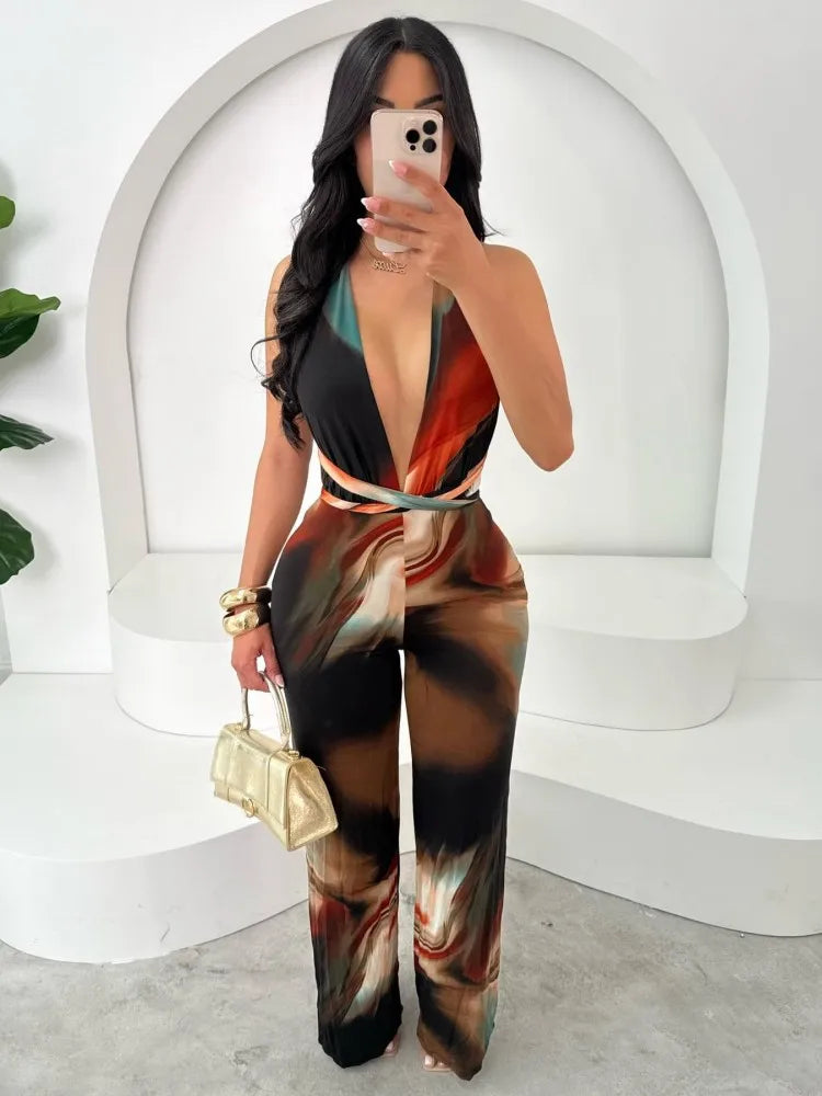 Joskaa Oil Painting Print Jumpsuit Women Sexy Deep V-Neck Backless Skinny Rompers 2025 Summer Fashion Overalls Vacation Clubwear