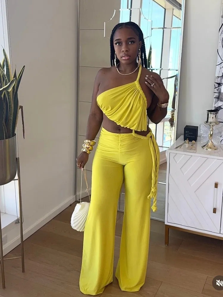 Joskaa 2025 Summer Women Sexy Cutout Halter Neck Backless Drawstrings Wide Leg Jumpsuit Beach Holiday Party Club Rompers S-XXL