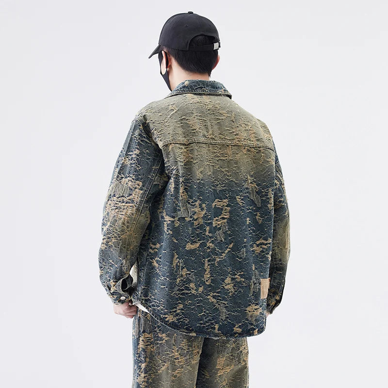 American High Street Denim Sets Men's Jacquard Ragged Loose Casual Plus Size Retro Washed Denim Shirt Style Jacket Jeans Pants