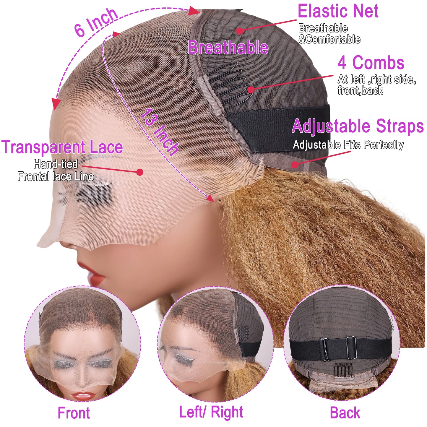 4/27 Kinky Straight 13x6 Lace Frontal Human Hair Wigs For Women Blonde Brown Piano Color 13x4 Lace Front Wig PrePlucked Yaki Wig