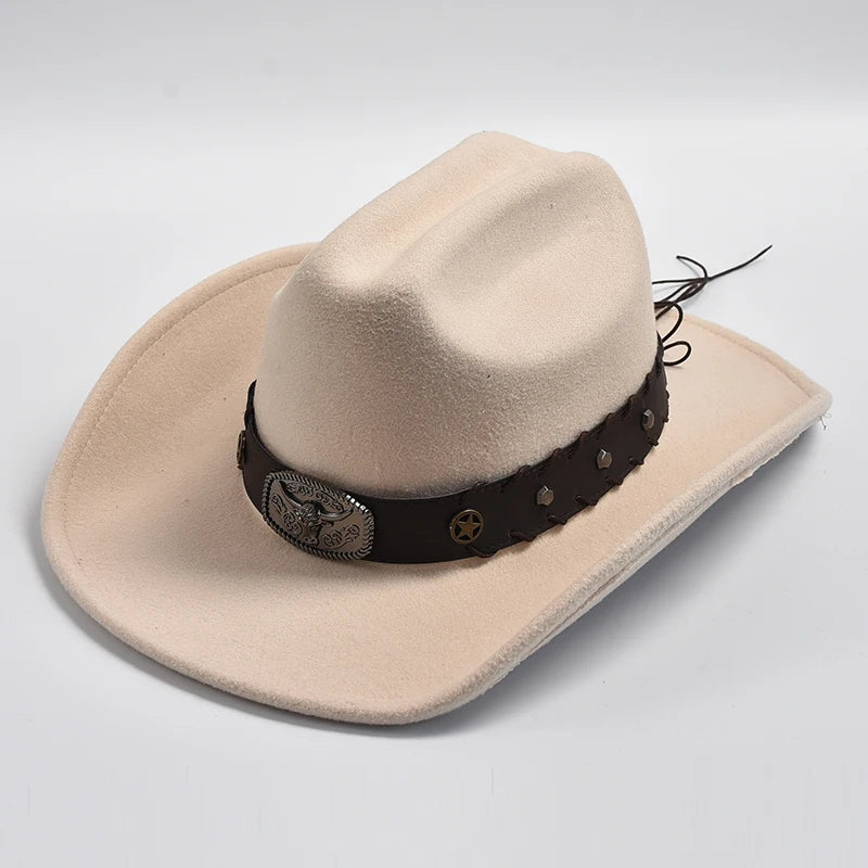 New Artificial Wool Western Cowboy Hats for Men Women Vintage Wide Brim Fedoras Hats Gentleman Lady Cowgirl Jazz Hats