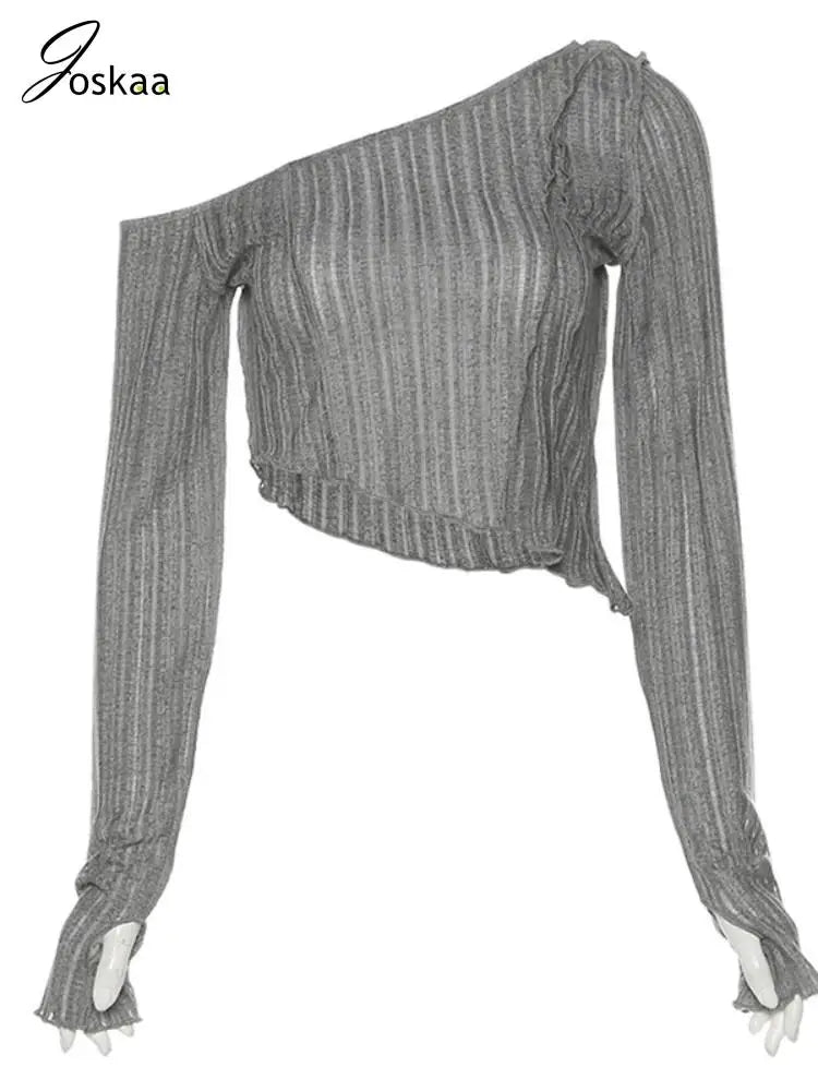 Joskaa Solid Oblique Shoulder Long Sleeve Irregular T-Shirt Women Hipster Sexy Crop Tops 2024 Spring Fashion Slim Tees Clubwear