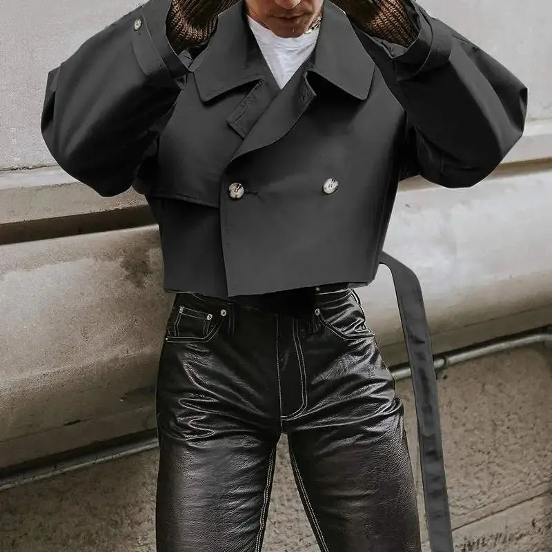 Men's Streetwear Jackets Solid Color Lapel Long Sleeve Loose Male Crop Coats Fashion Casual Retro Popular Jackets With Belt