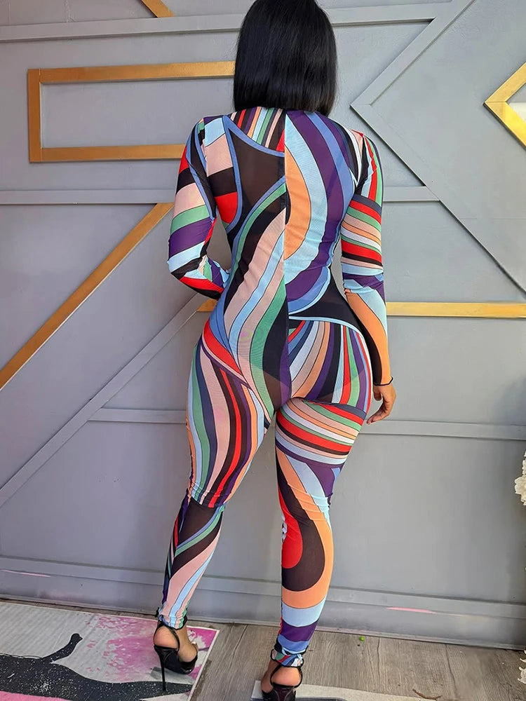 Weird Puss Sexy Colorful Print Jumpsuit Women Mesh Zip Y2K Full Sleeve O-Neck Turtleneck Trend Skinny Stretch Workout Overalls