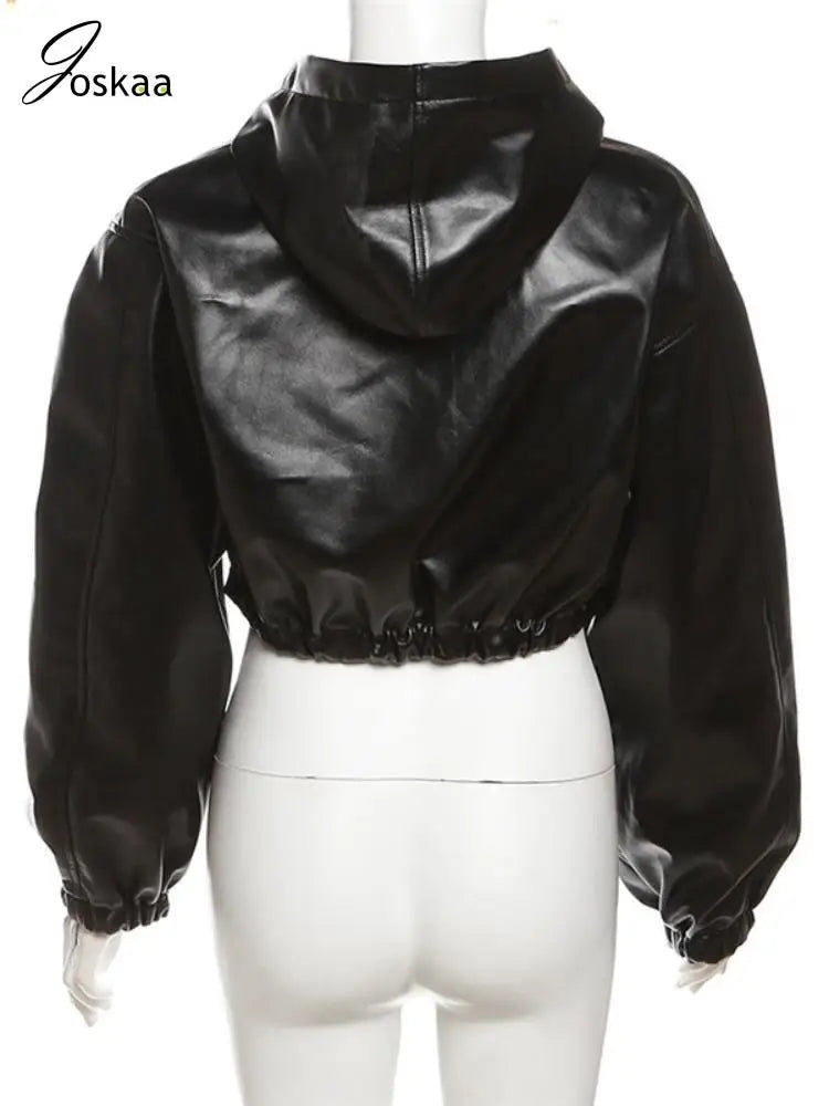 Joskaa Fashion Black Faux Leather Jackets Women Hipster Sexy Hooded Long Sleeve Zip-Up Crop Coats Autumn Outerwear Streetwear