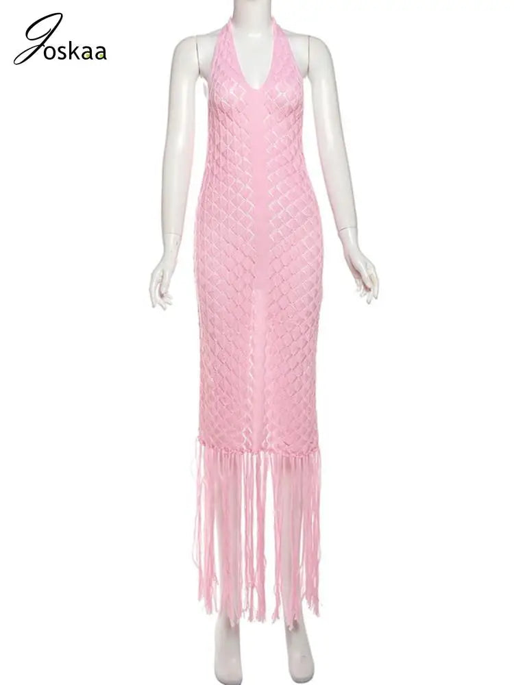 Joskaa Sexy See Through Hollow Knitted Beach Dress Women Hipster Halter Backless Tassel Skinny Vestidos 2025 Midnight Clubwear