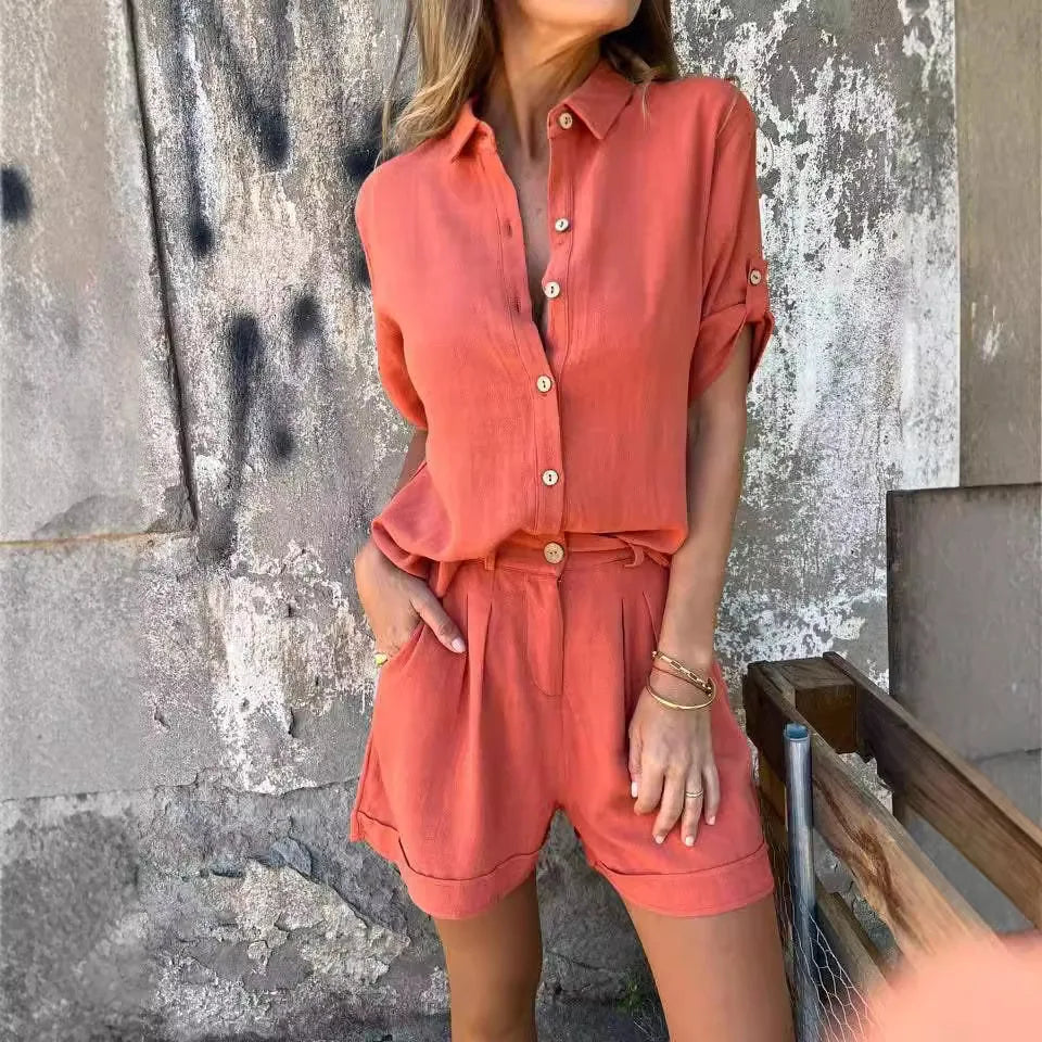 2025 Summer Women's Fashion Elegant Shorts Short Sleeve Two-Piece Set Casual Commuter Loose Button Shirt Tops And Shorts Set