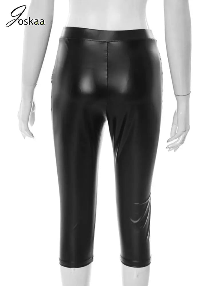 Joskaa Women's 2025 High Gloss Leather Pants Sexy Black Stretchy Skinny Straight Leg Capri Trousers Midnight Party Club Bottoms