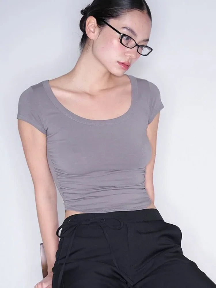 Summer Fashion New Solid Color Shirts For Women One-Piece Sexy Casual Short Women Clothing Slim Round Neck Short sleeve Y2k Top