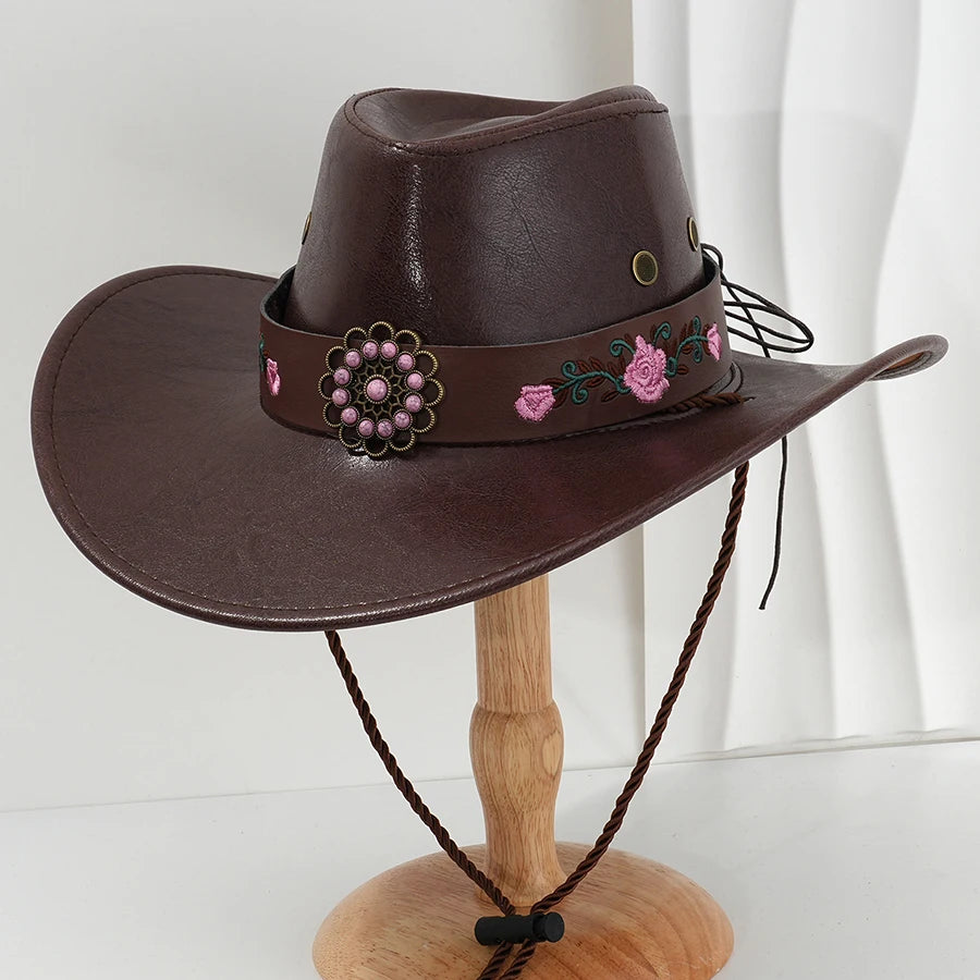 Faux Leather Western Cowboy Hats For Women Men Vintage Wide Brim Gentleman Church Jazz Cap Cowgirl Hats Sombrero Hombre