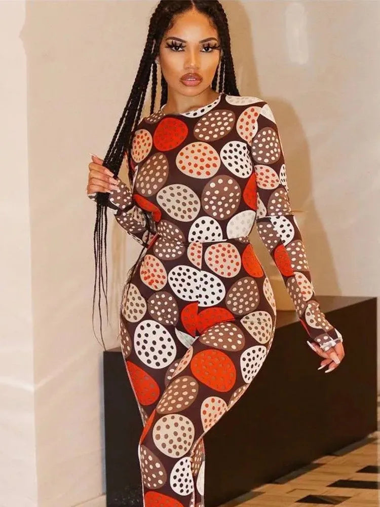 Joskaa Polka Dot Cookies Print 2020 Autumn New Colorful Two Piece Outfit Women's Long Sleeve Blouse Tight Hip Pants Suit