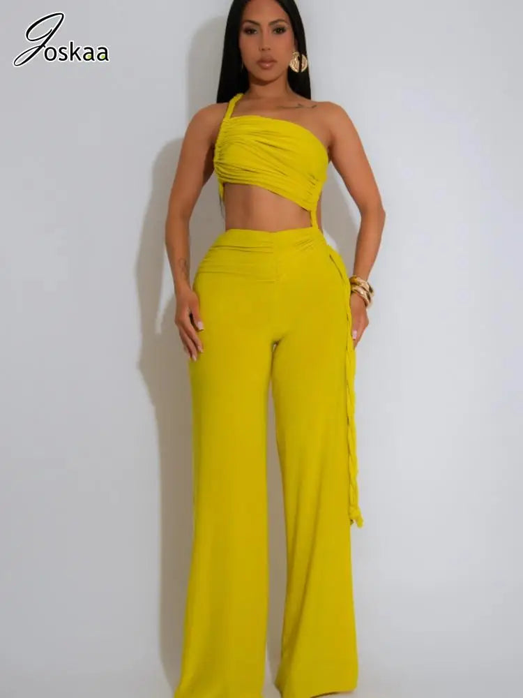 Joskaa 2025 Summer Women Sexy Cutout Halter Neck Backless Drawstrings Wide Leg Jumpsuit Beach Holiday Party Club Rompers S-XXL