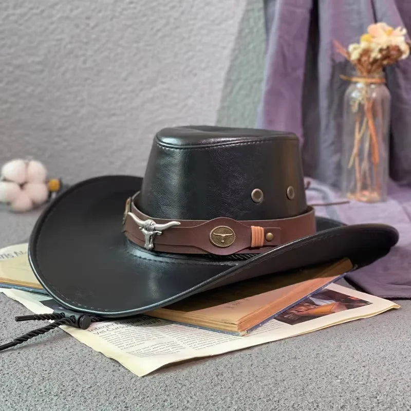 Faux Leather Western Cowboy Hats for Women Men Vintage Gentleman Dress Hats Panama Cowgirl Jazz Cap Sombrero Hombre