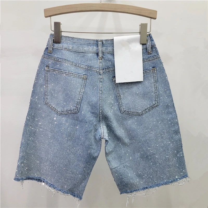2025 New Fashion Summer Women's Denim Shorts Full Diamonds Burrs Edge High Waist Straight Knee Length Trousers