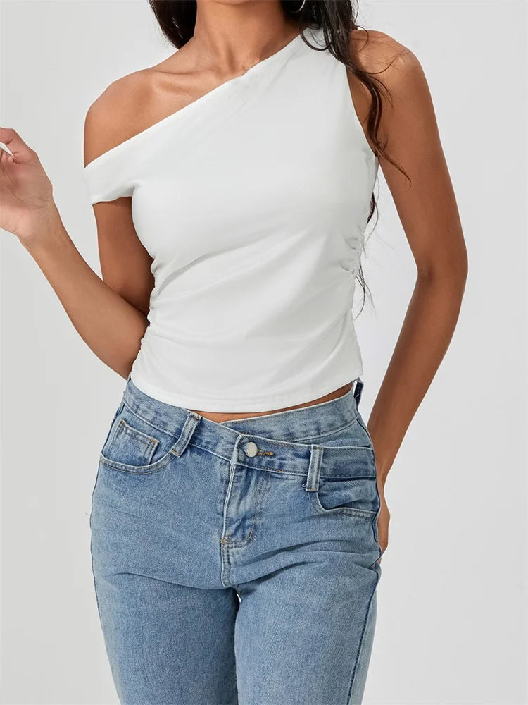 CHRONSTYLE Sexy Women Tank Crop Tops Slim Fit Off Shoulder Sleeveless Solid Color Summer Party Ruched Mini Vest Streetwear 2024