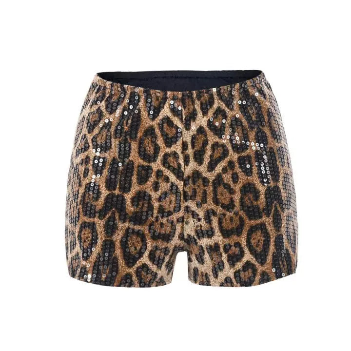 Shorts Women Summer 2025 New Fashion Sparkling Pearl Christmas New Product Leopard Print Elastic Waistband Casual Half Pants