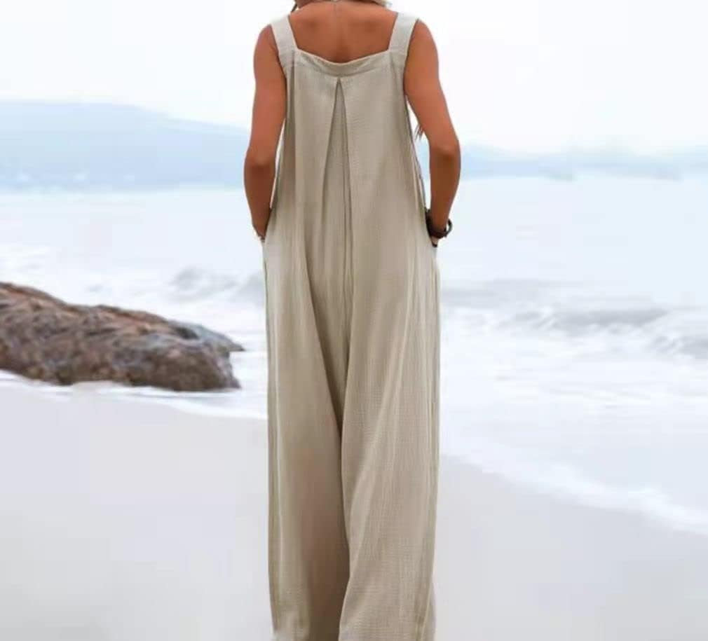 Women Summer Wide Leg Jumpsuit Casual plus Size Romper Pants Boho One Piece Elegant Loose Trousers Suspender Overalls (A7 Khaki, Medium)