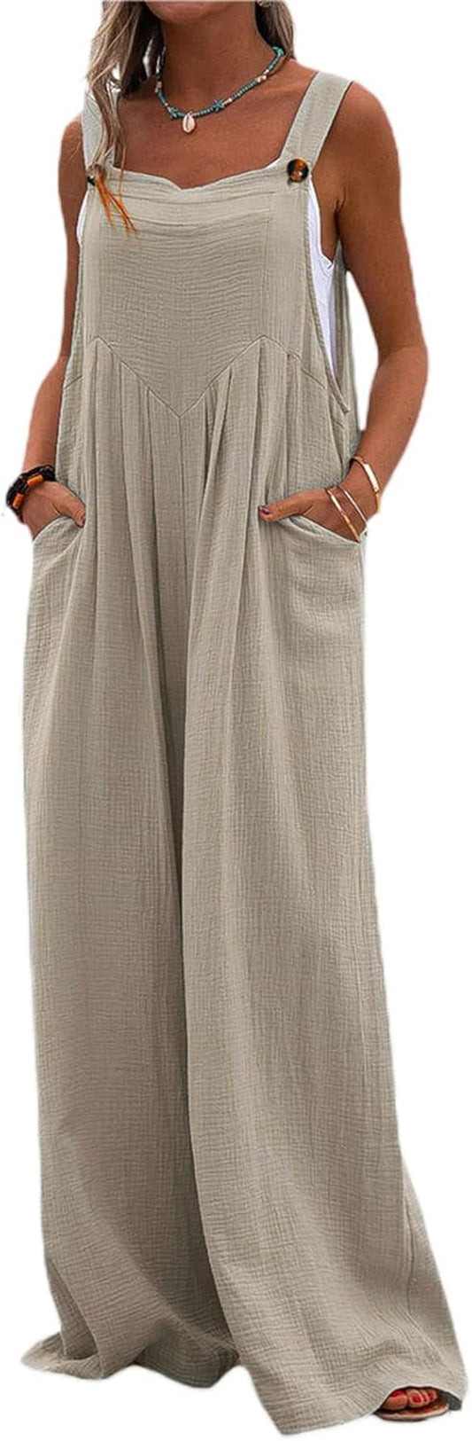 Women Summer Wide Leg Jumpsuit Casual plus Size Romper Pants Boho One Piece Elegant Loose Trousers Suspender Overalls (A7 Khaki, Medium)