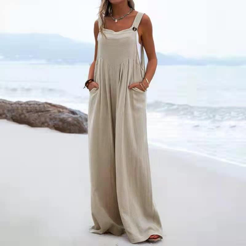 Women Summer Wide Leg Jumpsuit Casual plus Size Romper Pants Boho One Piece Elegant Loose Trousers Suspender Overalls (A7 Khaki, Medium)
