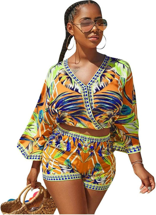 2 Piece Outfits for Women Summer Two Piece Crop Top Shorts Set Boho Floral Print Romper Jumpsuit