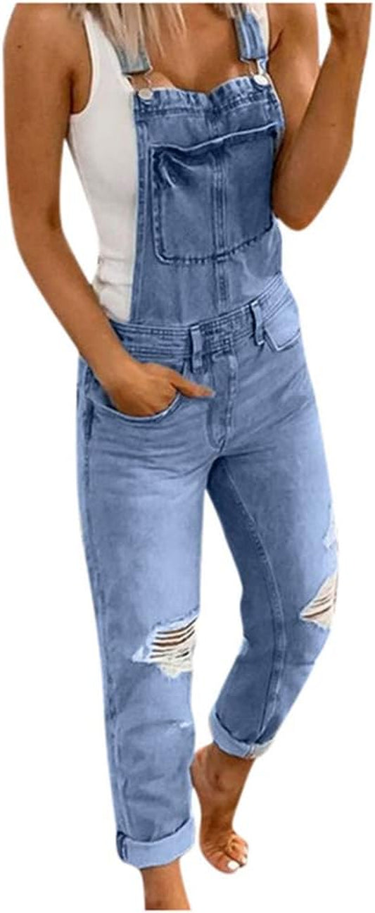 Women Washed Denim Bib Overalls Long Jumpsuit Ripped Jeans Denim Romper Playsuit Pants