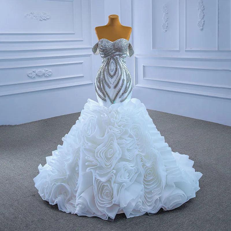 Jancember Heavy Beaded off Shoulder Crystal Ruffle Mermaid Wedding Women's Dress RSM67365