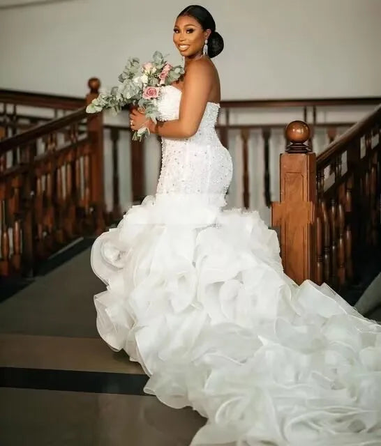 Bride Sweet Heart Lace up Ruffles Pearls Plus Size Women Bridal Gowns White Mermaid Wedding Dresses MW626