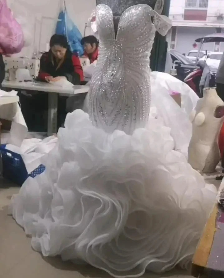 S8277F   Custom African Modest Mermaid   Bridal Gown Beaded Crystals High Neck Lace Applique Women's Wedding Dress