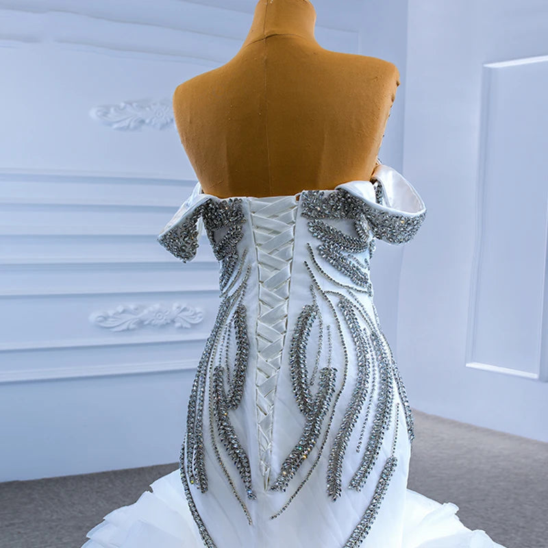 Jancember Heavy Beaded off Shoulder Crystal Ruffle Mermaid Wedding Women's Dress RSM67365