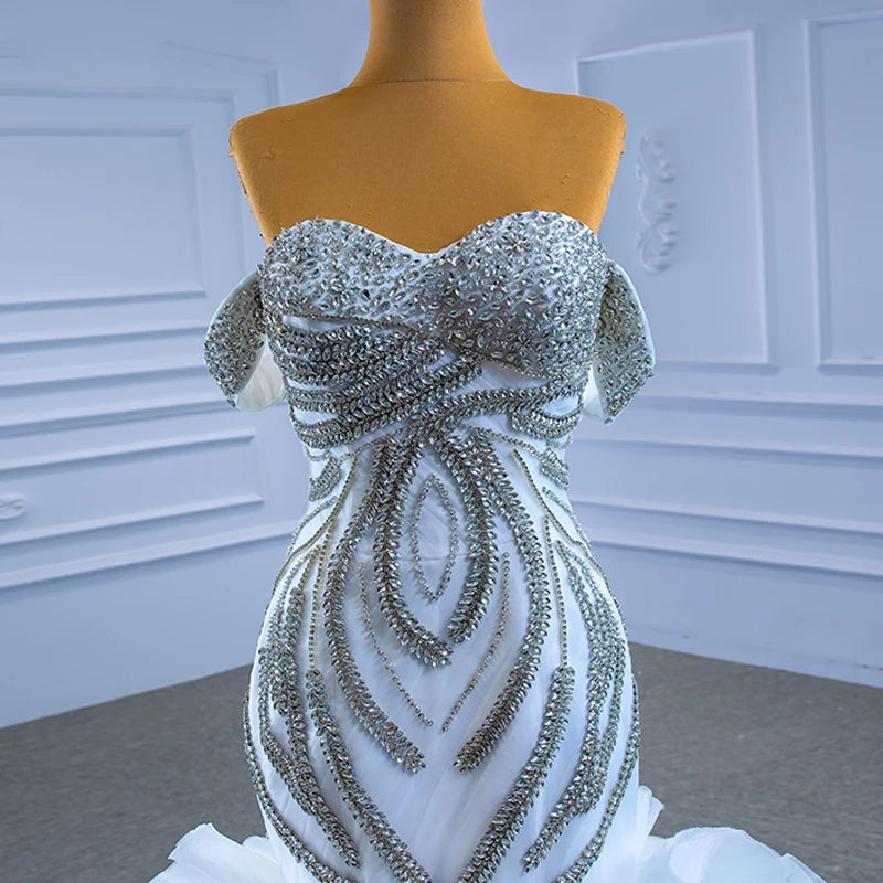 Jancember Heavy Beaded off Shoulder Crystal Ruffle Mermaid Wedding Women's Dress RSM67365