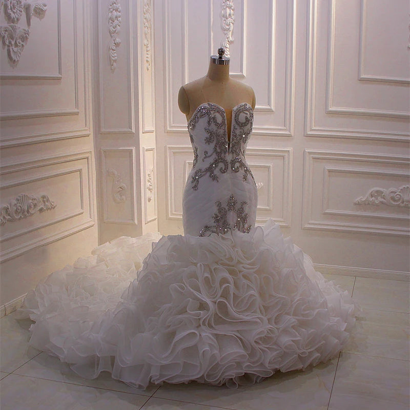 Jancember AM561 Modest V-Neck Sleeveless Crystal Ruffles Lace up Mermaid Edding Dresses